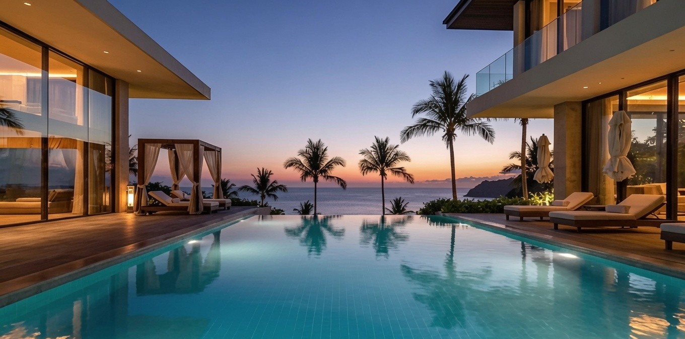 Luxury Gold Coast home with an infinity pool overlooking the ocean at dusk